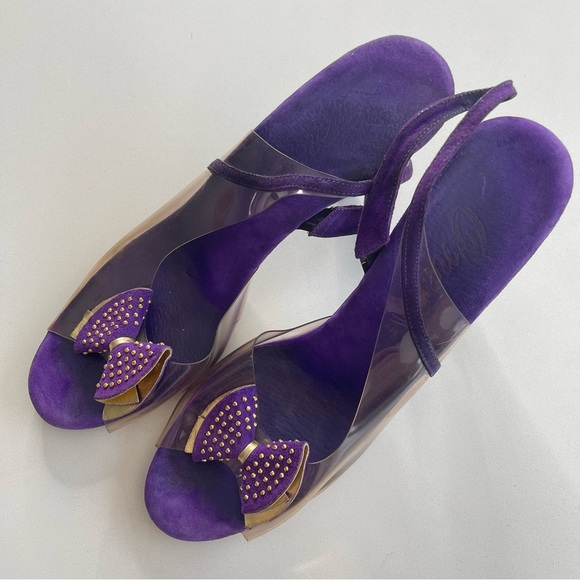 Vintage Onex Purple Gold Clear Studded Bow Retro Slingback Heels 80s 90s Size 9 - Picture 3 of 10